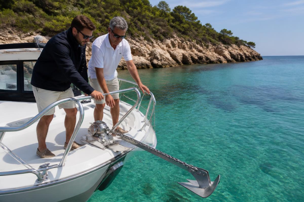 Anker Training auf einem Motorboot auf Mallorca